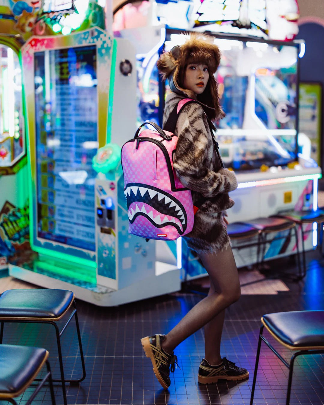 PINK AND BLACK DRIP CHECK DLXSV BACKPACK